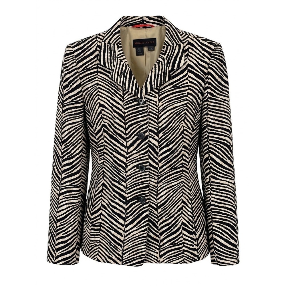 Nina McLemore Zebra Print Silk Wool Blazer Jacket Black White Tan 10 USA Made